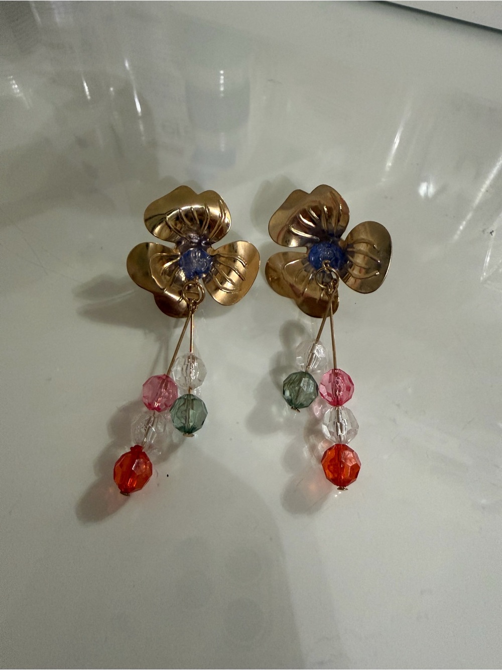 Gold Floral Drop Earrings with Multicolor Beads